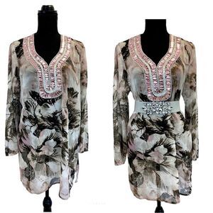 Premise brown pink sheer chiffon gem jewelled beach coverup blouse top Sz L 🔥